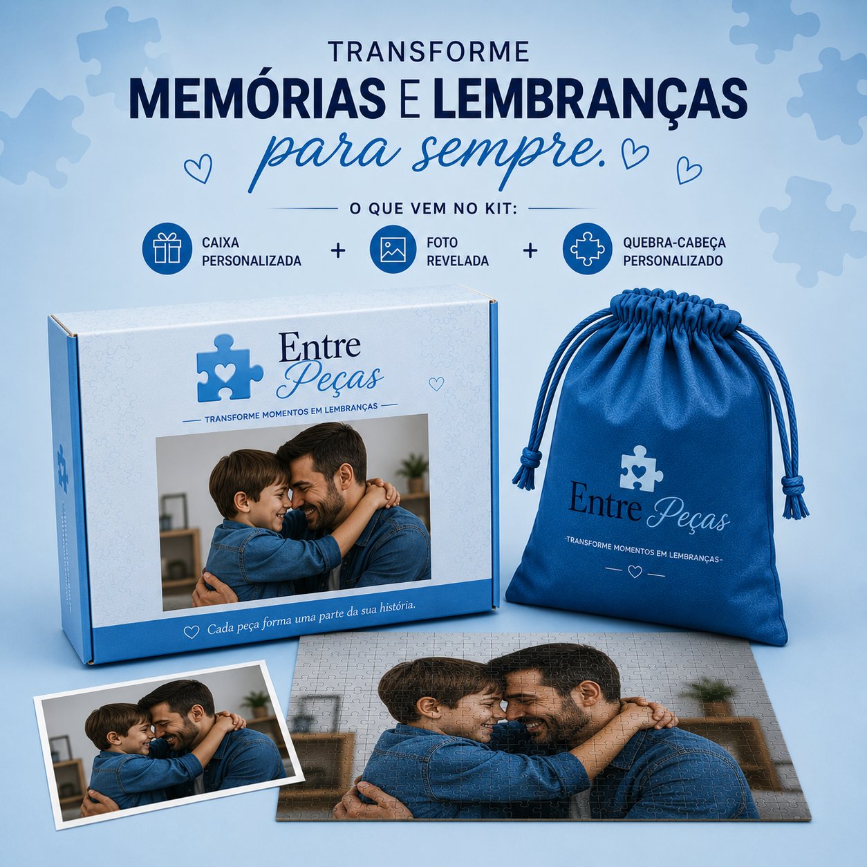 Quebra-cabeça personalizado com foto de família em mesa branca